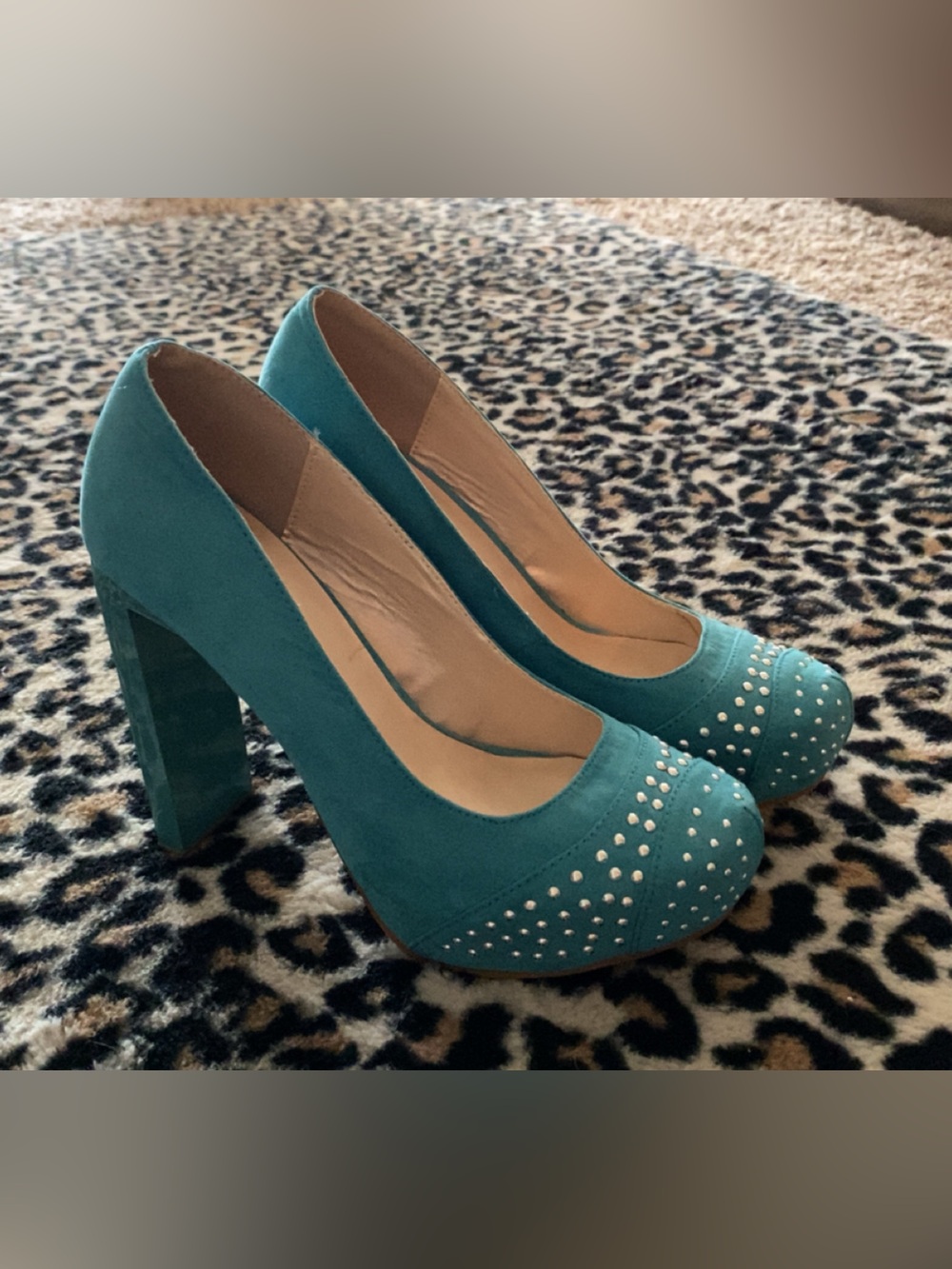 FRH Teal Studded Block Heel Pumps